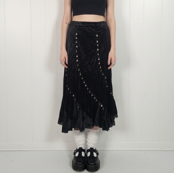 Vintage Dresses & Skirts - Vintage 90s Black Velvet Sequins Beaded Broomstick Skirt 1990s Whimsigoth Large